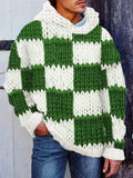 Men's Green Check Colorblock Crochet Cozy Hooded Sweater artswardrobe