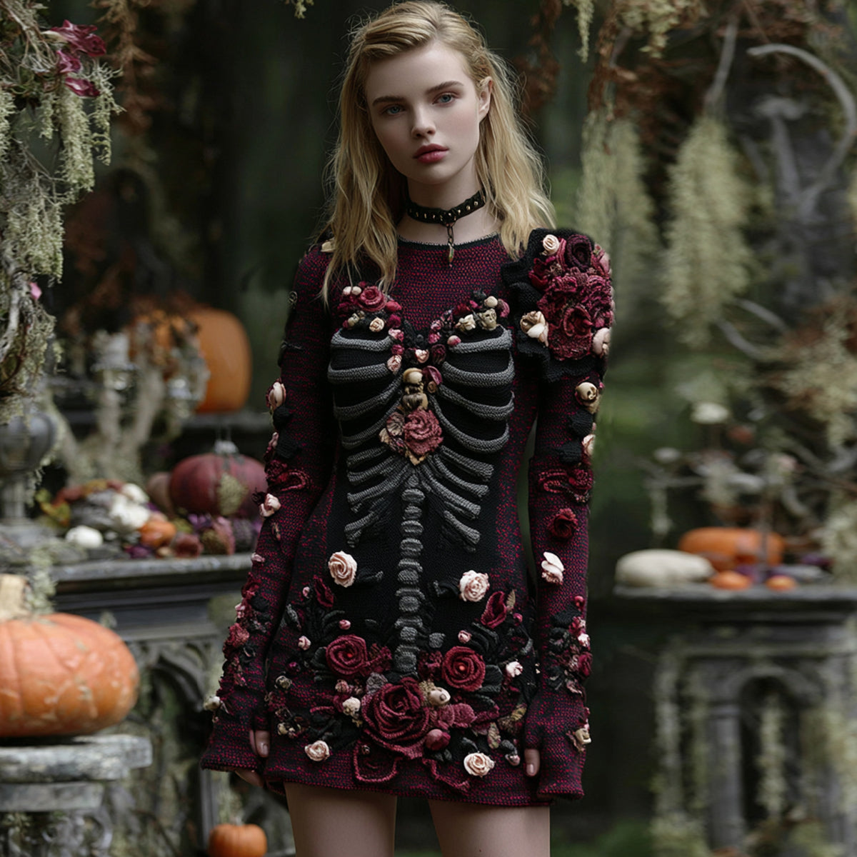 Comstylish Women's Retro Floral Skull Cozy Knit Mini Sweater Dress