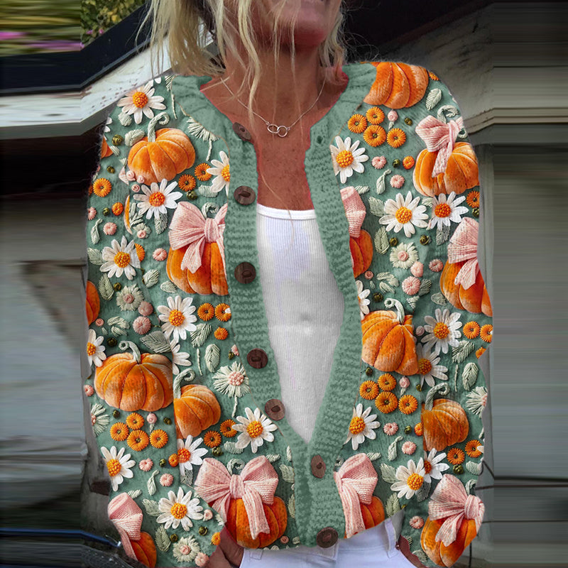 Vintage Embroidered Pumpkin Art Cozy Casual Sweater elevenforest