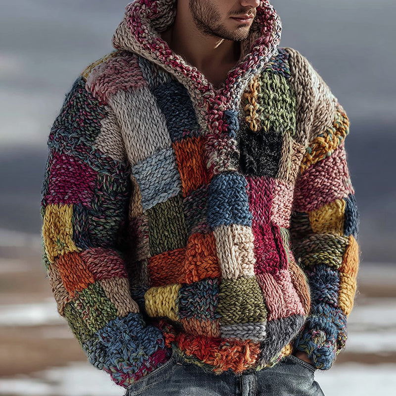 Men's Retro Geometric Color Block Knitted Warm Hooded Sweater artswardrobe