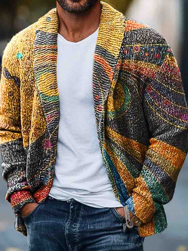 Men'S Retro Irregular Abstract Geometric Print Knitted Sweater artswardrobe