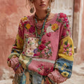 Women's Vintage Floral Embroidery Patchwork Art Pullover Cozy Knit Sweater artswardrobe