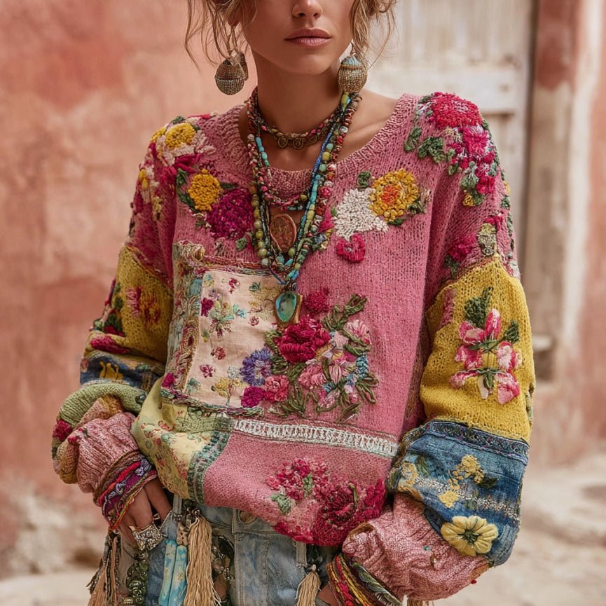 Women's Vintage Floral Embroidery Patchwork Art Pullover Cozy Knit Sweater artswardrobe