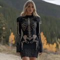 Comstylish Women's Halloween Skeleton Flower Lace Art Embroidery Cozy Knit Mini Sweater Dress