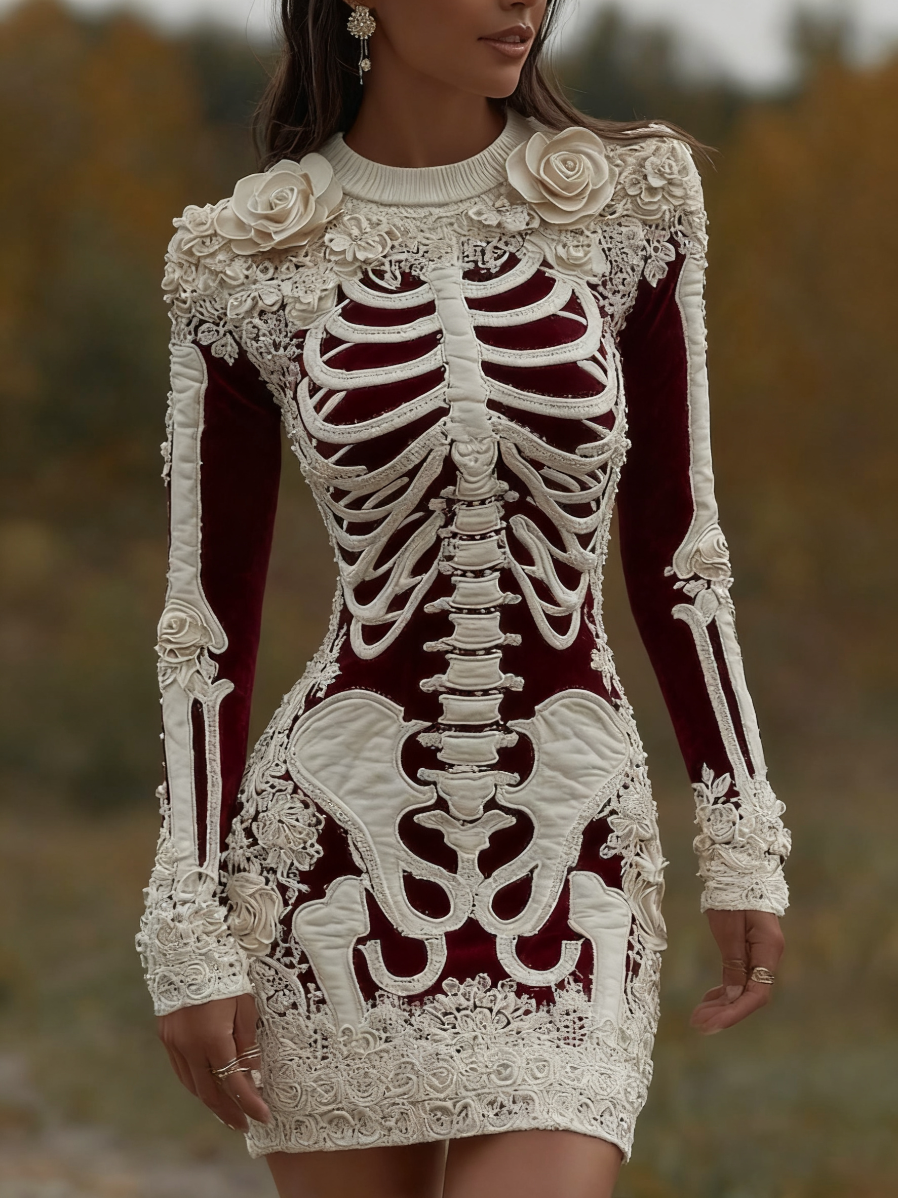 Comstylish Women's Vintage Halloween Skeleton Bones With Rose Art Cozy Knit Mini Sweater Dress