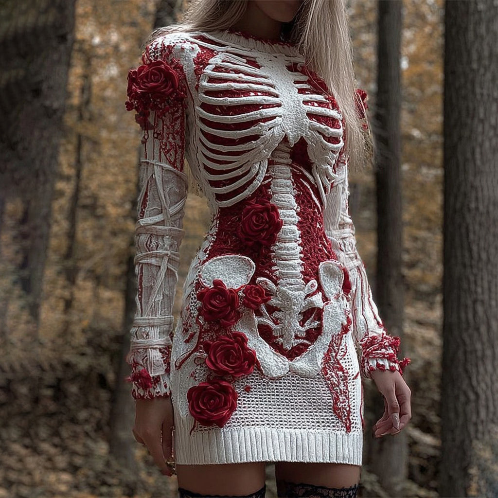 Comstylish Bloody Roses Skeleton Art Bandages Knit Sweater Dress