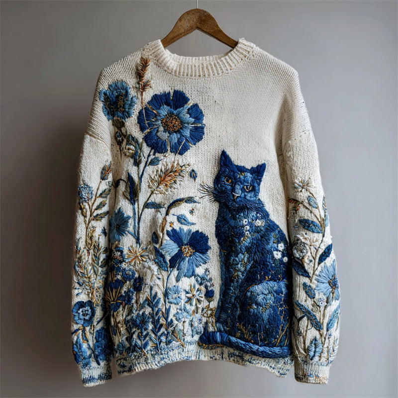 Comstylish Vintage Classy Cat Floral Embroidered Cozy Knit Sweater