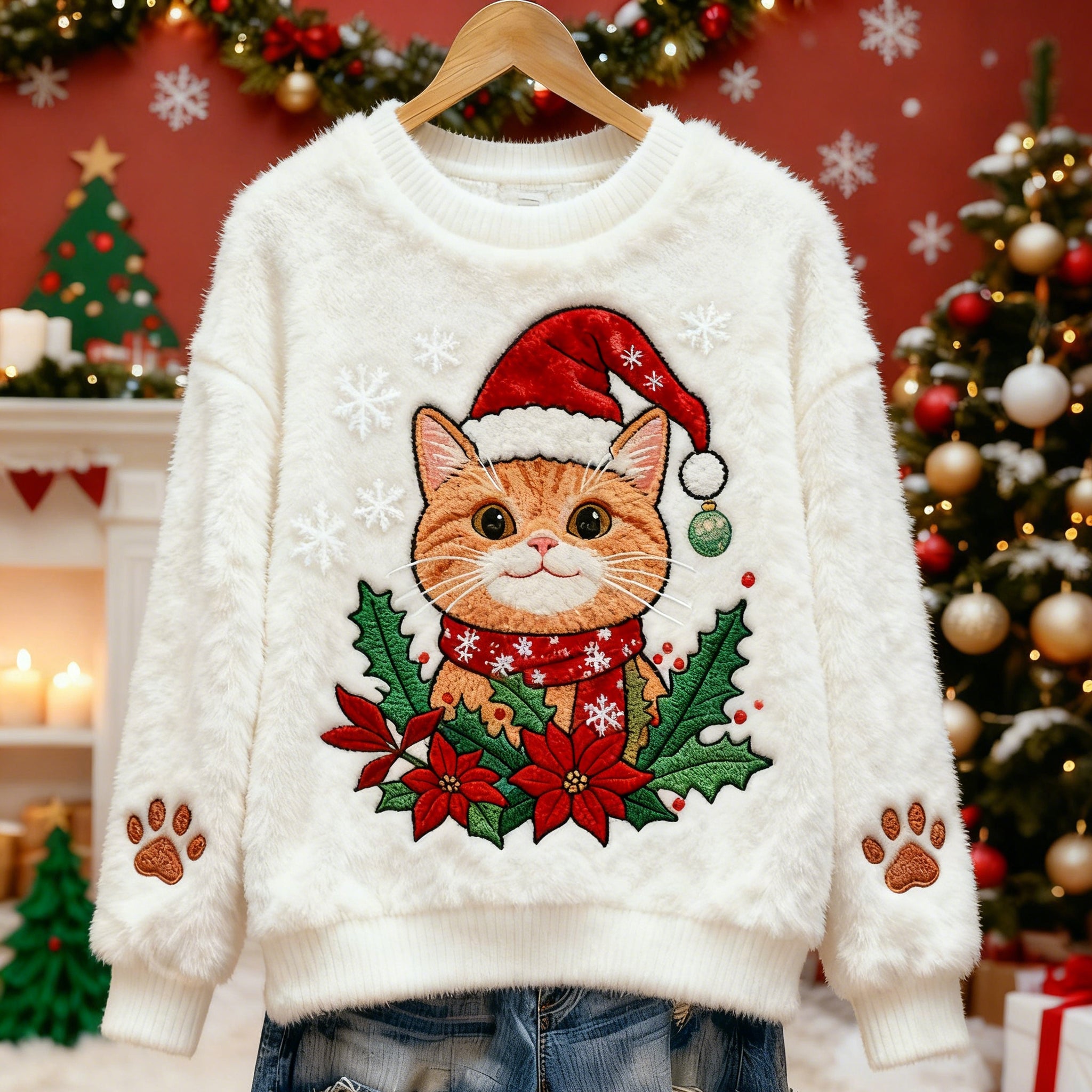 Comstylish Cute Cat And Holly Berry Pattern Warm Crew Neck Sweater