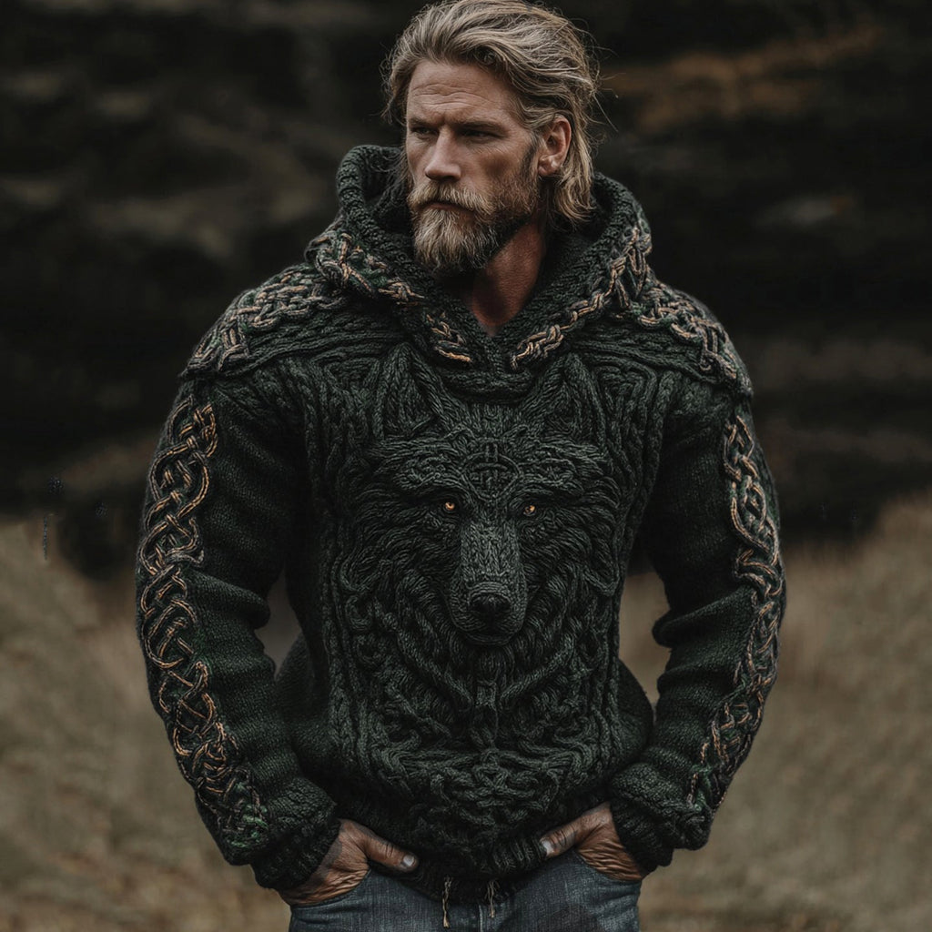 Men's Viking Wolf Celtic Knot Jacquard Knitted Hooded Sweater artswardrobe
