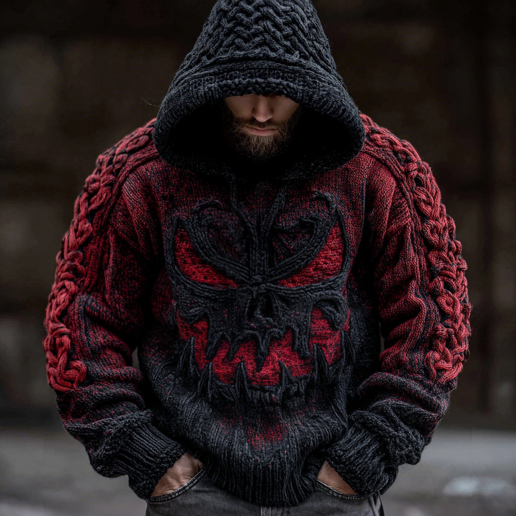 Men's Viking Devil Face Celtic Knot Jacquard Knit Hooded Sweater artswardrobe