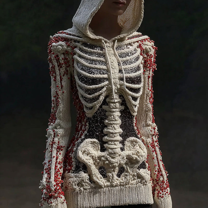 Comstylish Women's Vintage Halloween Skull And Sequin Art Knitted Warm Hooded Sweater