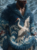 Japanese Crane & Wave Men's Knit Hooded Sweater artswardrobe
