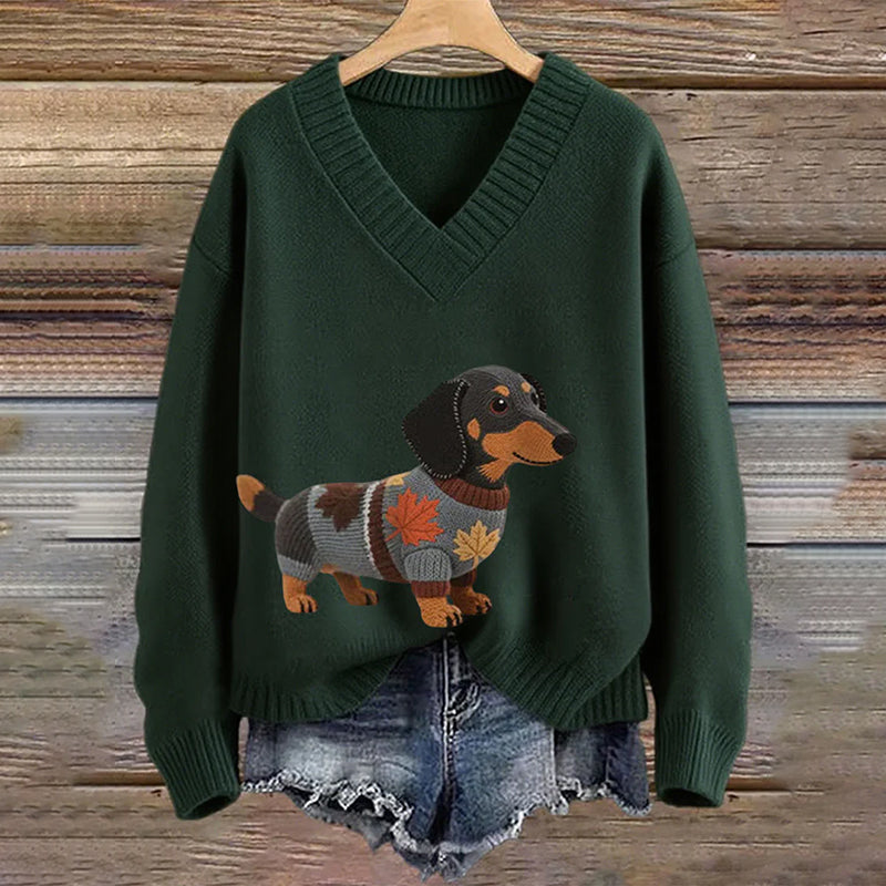 Vintage Dachshund Felt In Gradient Art Inspired Embroidered Cozy Knit Sweater elevenforest