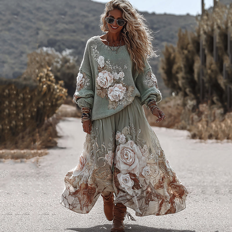 Classic Rose Art Cozy Knit Round Neck Sweater And Linen Skirt Two-piece Set artswardrobe