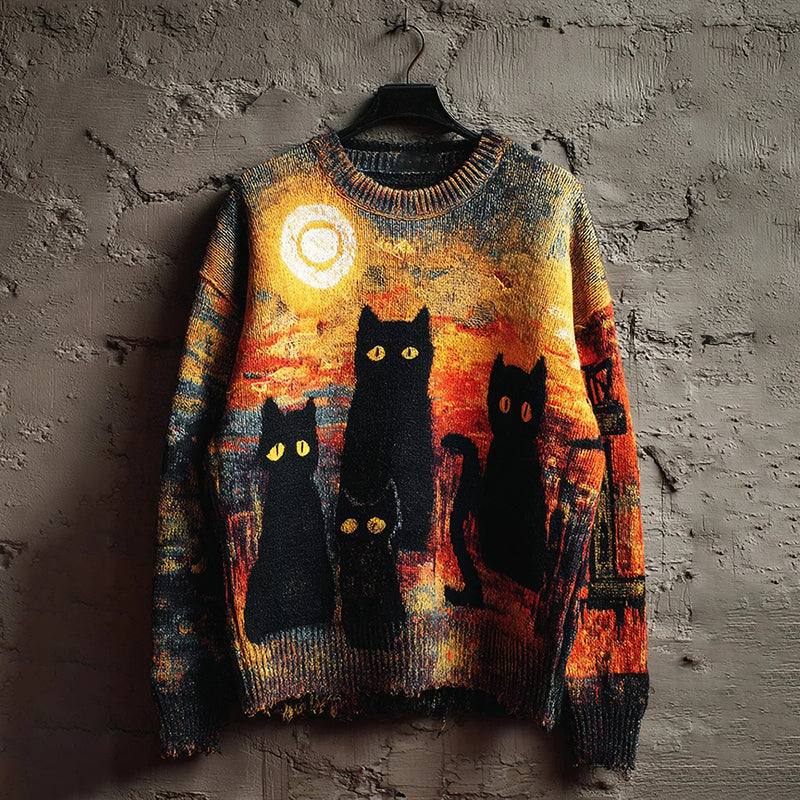 Vintage Halloween Cat Art Print Knit Pullover Sweater elevenforest