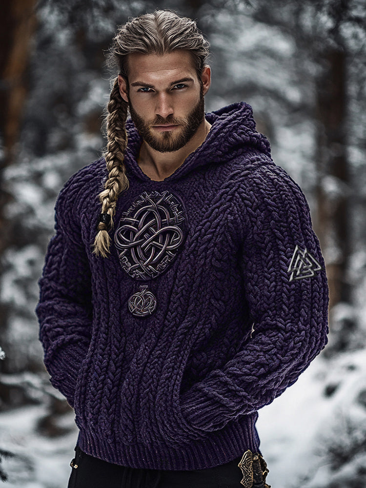 Men's Viking Tribal Jacquard Celtic Inspired Chunky Knit Hooded Sweater elevenforest