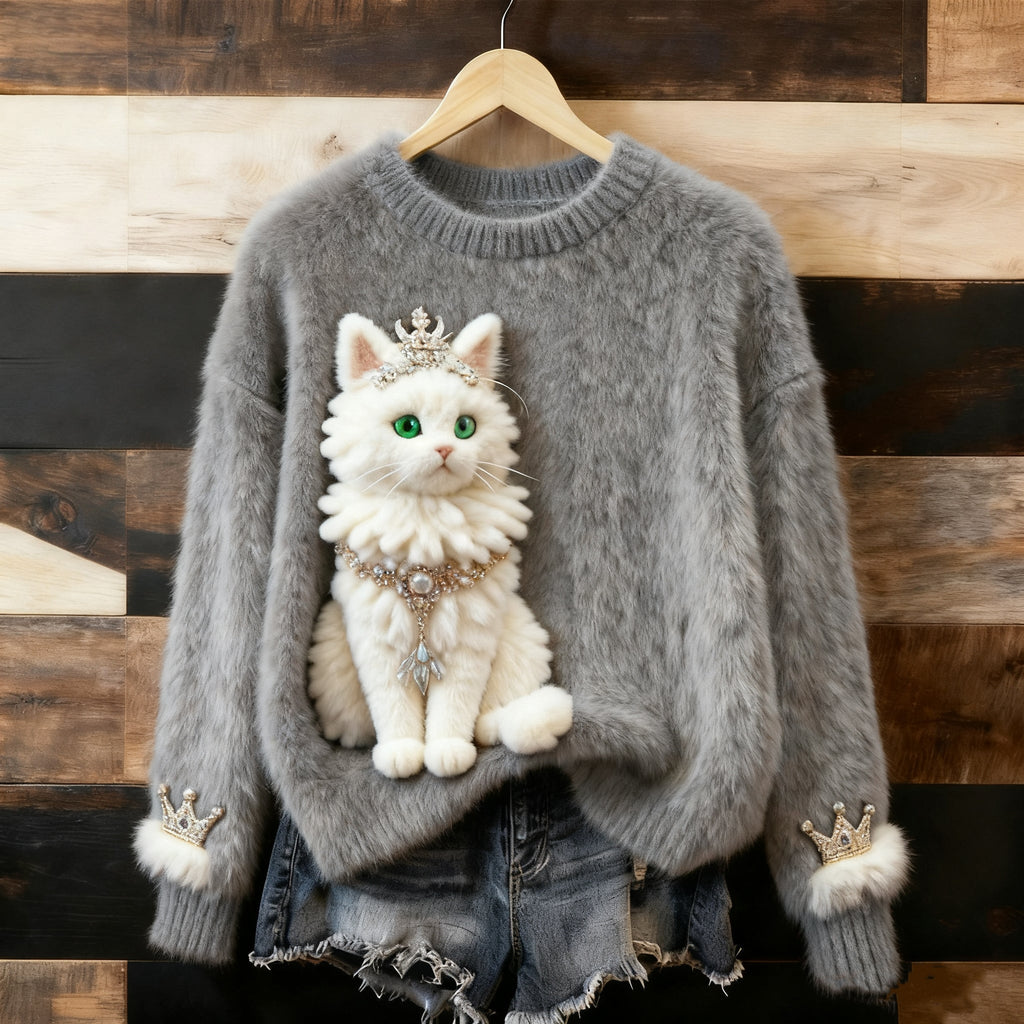 Comstylish Cute Fluffy Cat Pattern Thick Pullover Sweater