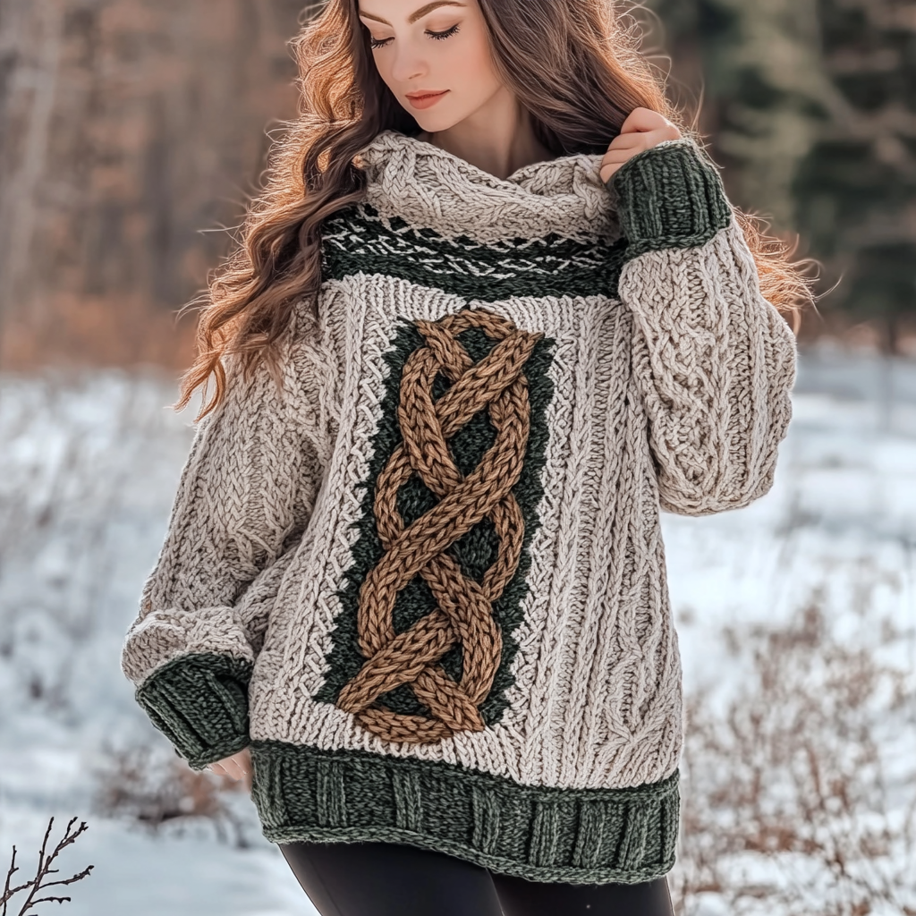 Women's Celtic Knot Vintage Cozy Chunky Knit Hooded Sweater artswardrobe