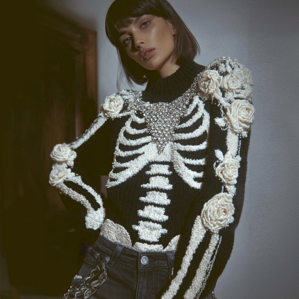 Comstylish Women's Halloween Skeleton Diamond Rose Warm High Collar Sweater