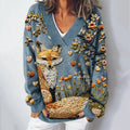 Fall Fox Embroidery Art Print V-Neck Cozy Knit Sweater artswardrobe