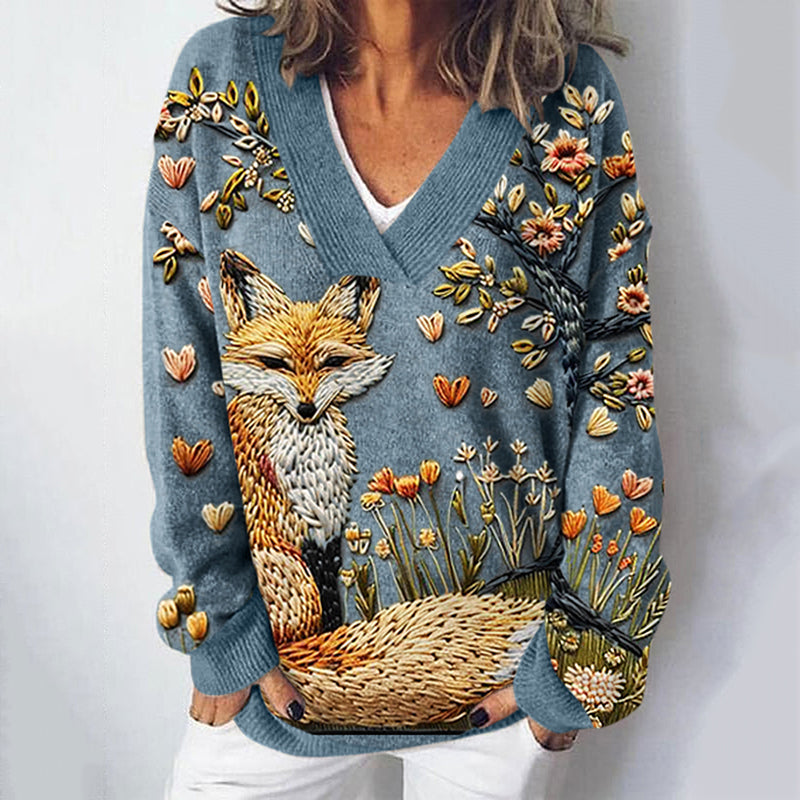 Fall Fox Embroidery Art Print V-Neck Cozy Knit Sweater artswardrobe