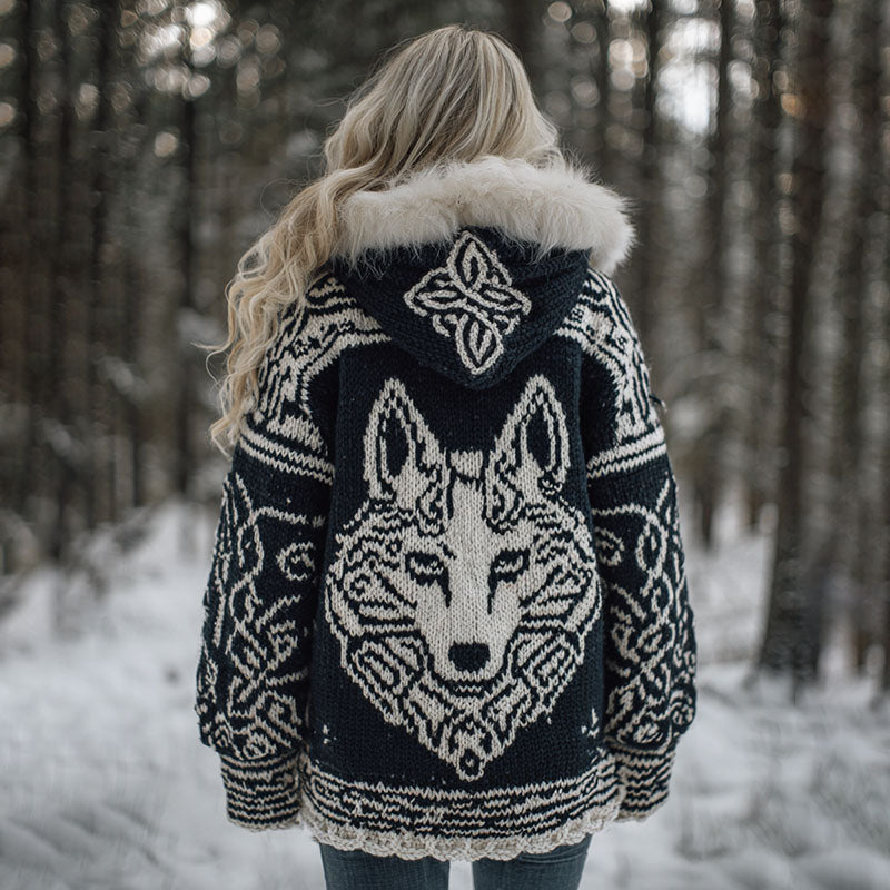 Comstylish Women's Viking Wolf Celtic Art Cozy Fur Collar Knit Hooded Sweater Jacket