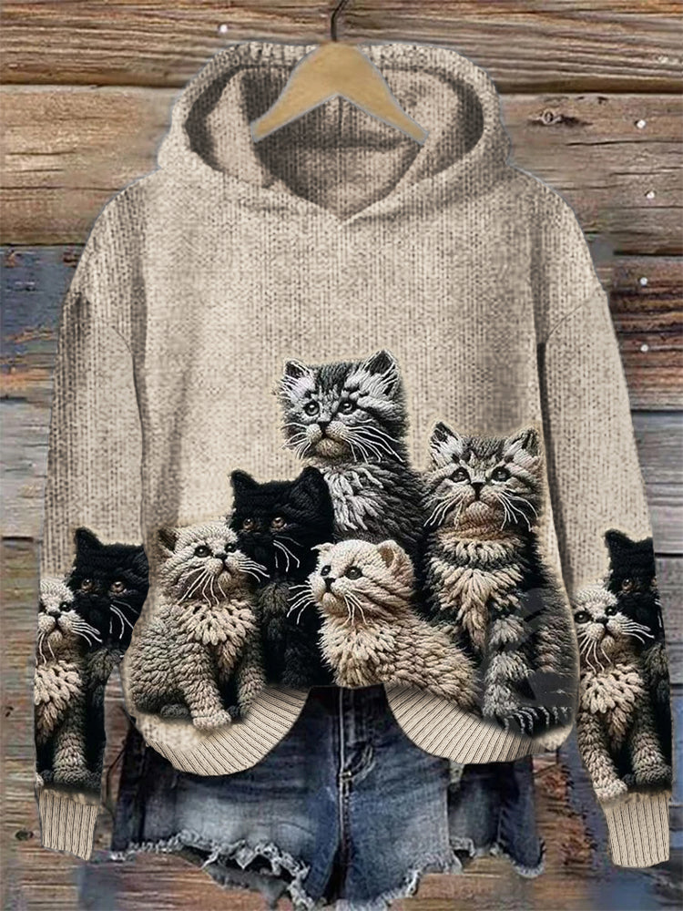 Comstylish Fuzzy Cats Crochet Art Cozy Knit Hooded Sweater