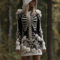 Comstylish Women's Vintage Skeleton & White Rose Art Cozy Sweater Hooded Dress