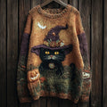 Halloween Witch Black Cat Vintage Cozy Knit Sweater artswardrobe