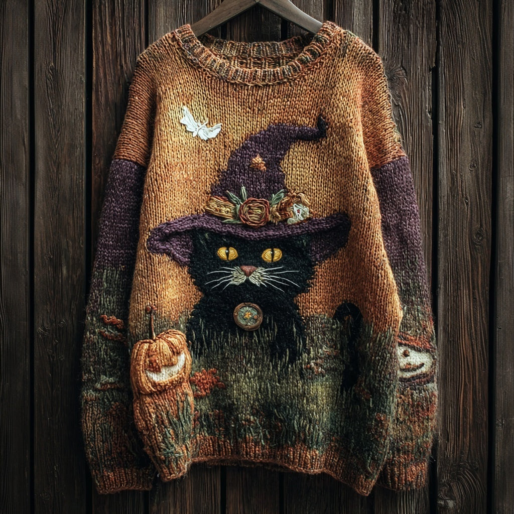 Comstylish Halloween Witch Black Cat Vintage Cozy Knit Sweater