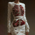 Comstylish Women's Vintage Skeleton Bones With Rose Art Cozy Knit Mini Sweater Dress