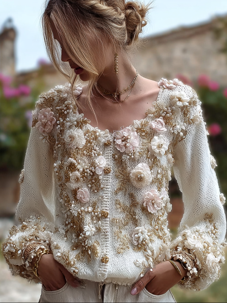 Bohemian Style 3d Pink Flower Knitted Pattern Women's V-neck Long-sleeve Knitted Sweater Jacket artswardrobe