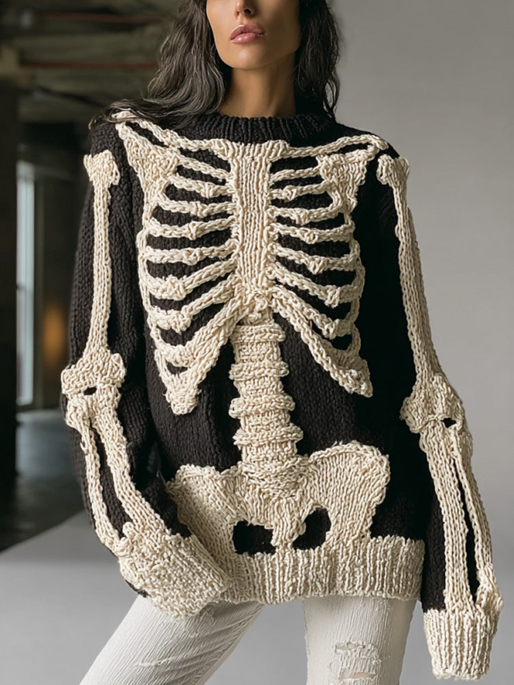 Comstylish Women's Vintage Halloween Skull Embroidered Sweater