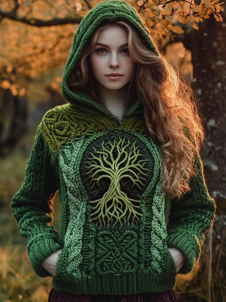 Viking Tree Of Life Knit Pattern Women's Hooded Sweater artswardrobe