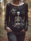 Women's Halloween Skeleton Rose Lace Edge Round Neck Sweater artswardrobe