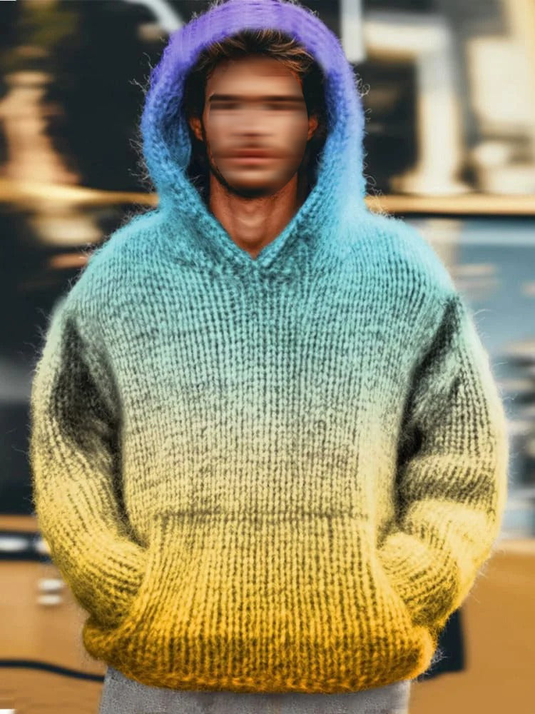 Men's Vintage Multicolor Gradient Art Knitted Hooded Sweater artswardrobe