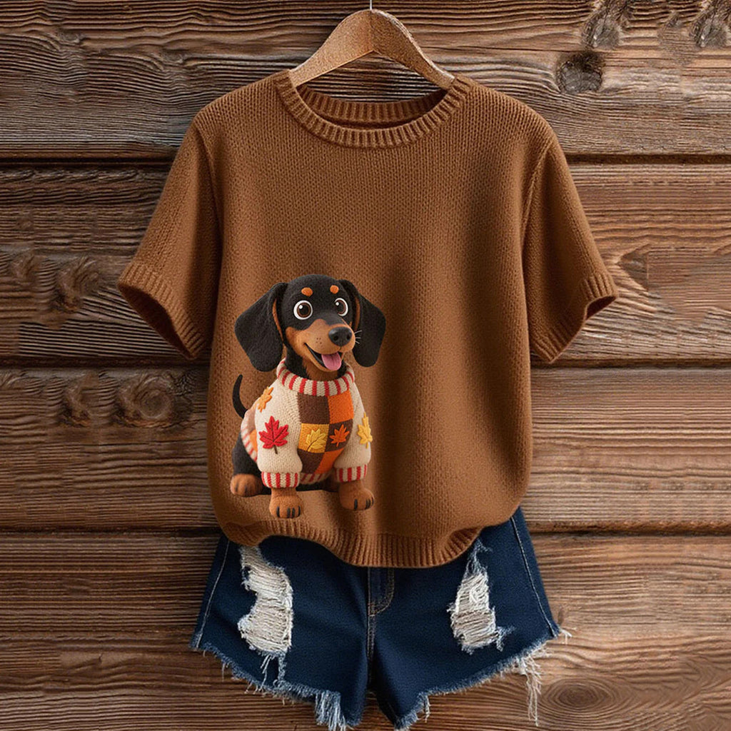 Vintage Dachshund With Felt In Autumn Inspired Embroidered Short Sleeve Cozy Knit Sweater artswardrobe