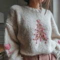 Comstylish Women's Pink Christmas Tree And Wine Glass Embroidered Knitted Sweater