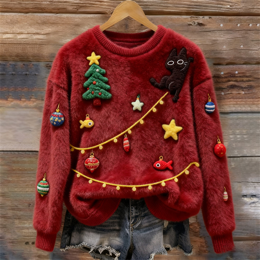 Naughty Christmas Cat Women's Cozy Plush Sweater