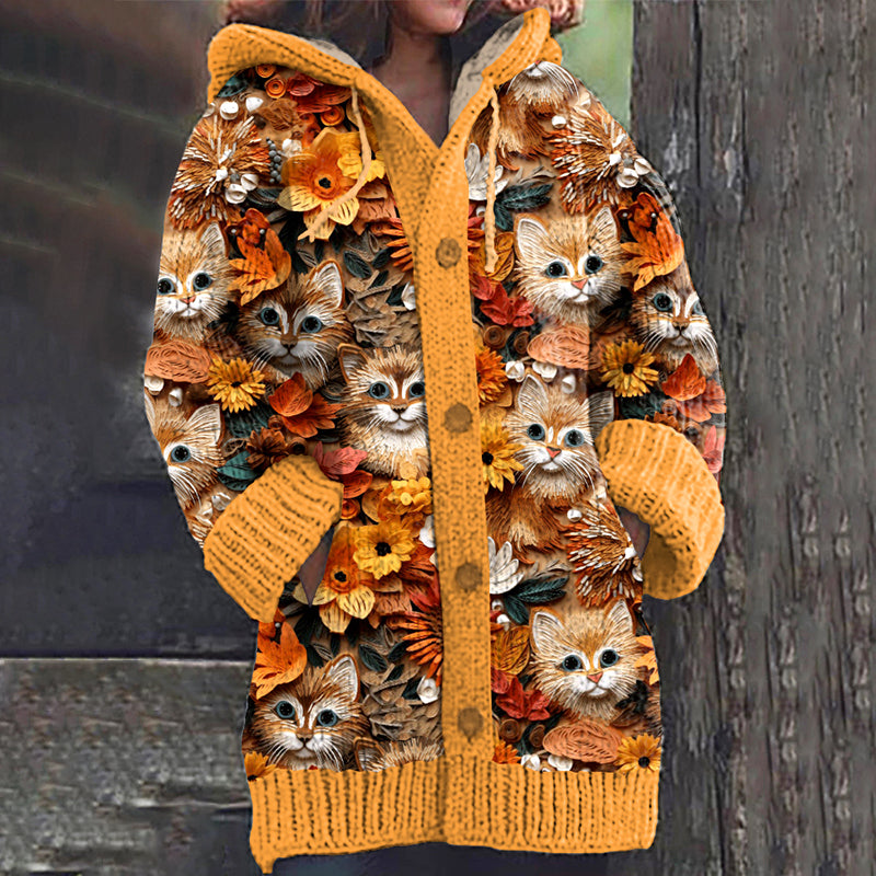 Retro Floral Kittens Fall Graphic Arts Cozy Hooded Knit Sweater elevenforest