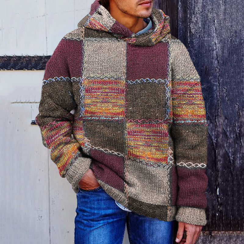 Men's Vintage Patchwork Cozy Hooded Sweater elevenforest