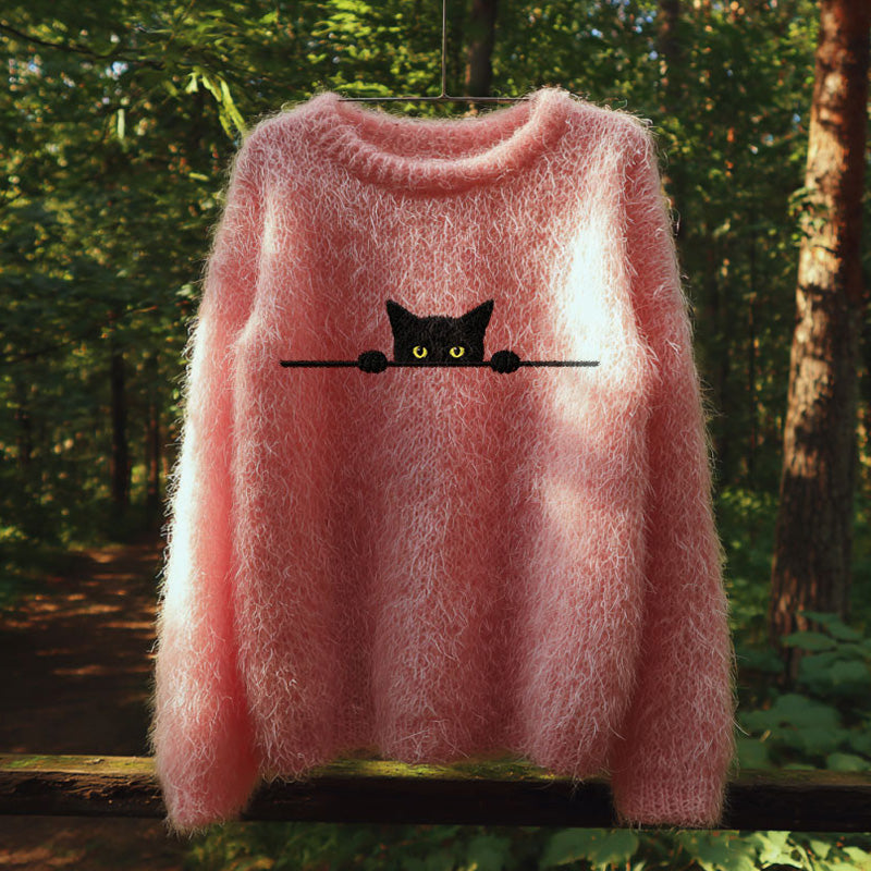 Retro Casual Pink Awareness Black Cat Embroidered Sweater artswardrobe