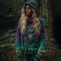 Women's Viking Tribal Jacquard Celtic With Rose And Skull Inspired Chunky Knit Hooded Sweater artswardrobe