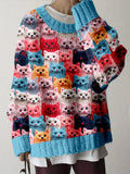 Comstylish Colorful Cute Cats Pattern Cozy Knit Sweater