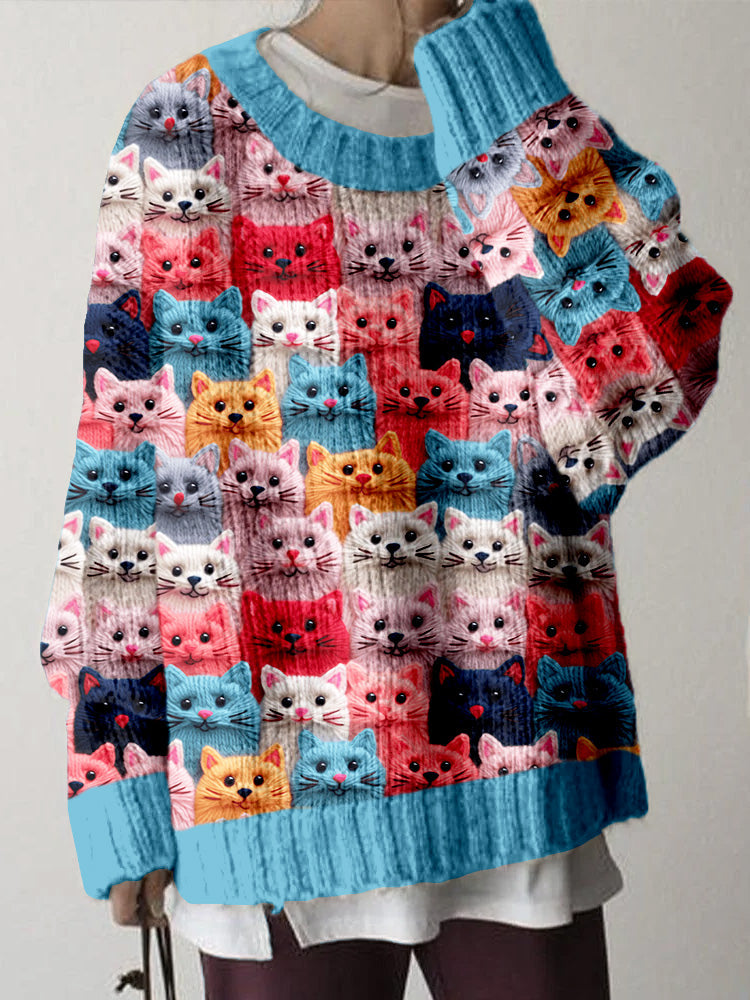 Comstylish Colorful Cute Cats Pattern Cozy Knit Sweater