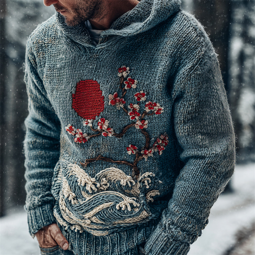 Vintage Japanese Floral Ocean Art Men's Knit Hooded Sweater artswardrobe