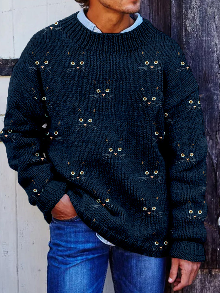 Men's Cute Cat Face Pattern Cozy Knit Sweater elevenforest