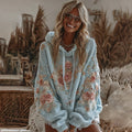 Comstylish Women's Vintage Blue Rose Embroidery Long Sleeve Cozy Hooded Sweater