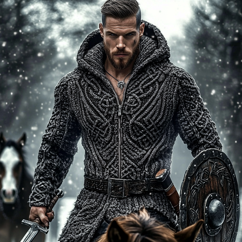 Men's Viking Tribal Jacquard Celtic Chunky Knit Zip-up Hooded Sweater artswardrobe