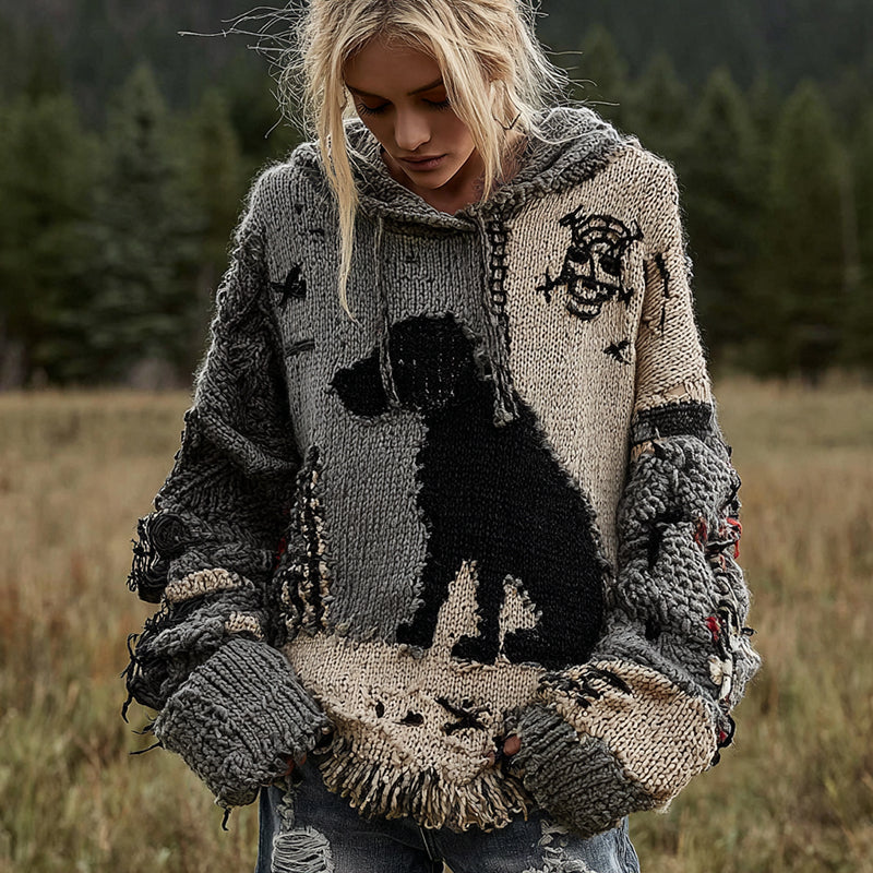 Vintage Dog Horror Spider Web Cozy Knit Hooded Sweater elevenforest